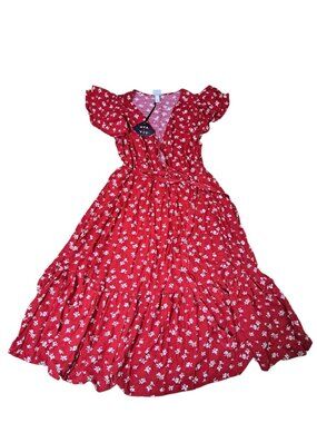 Ava Viv Women's  Red Floral, Tiered Flutter Sleeves Midi Travel Sun Dress Sz 1X